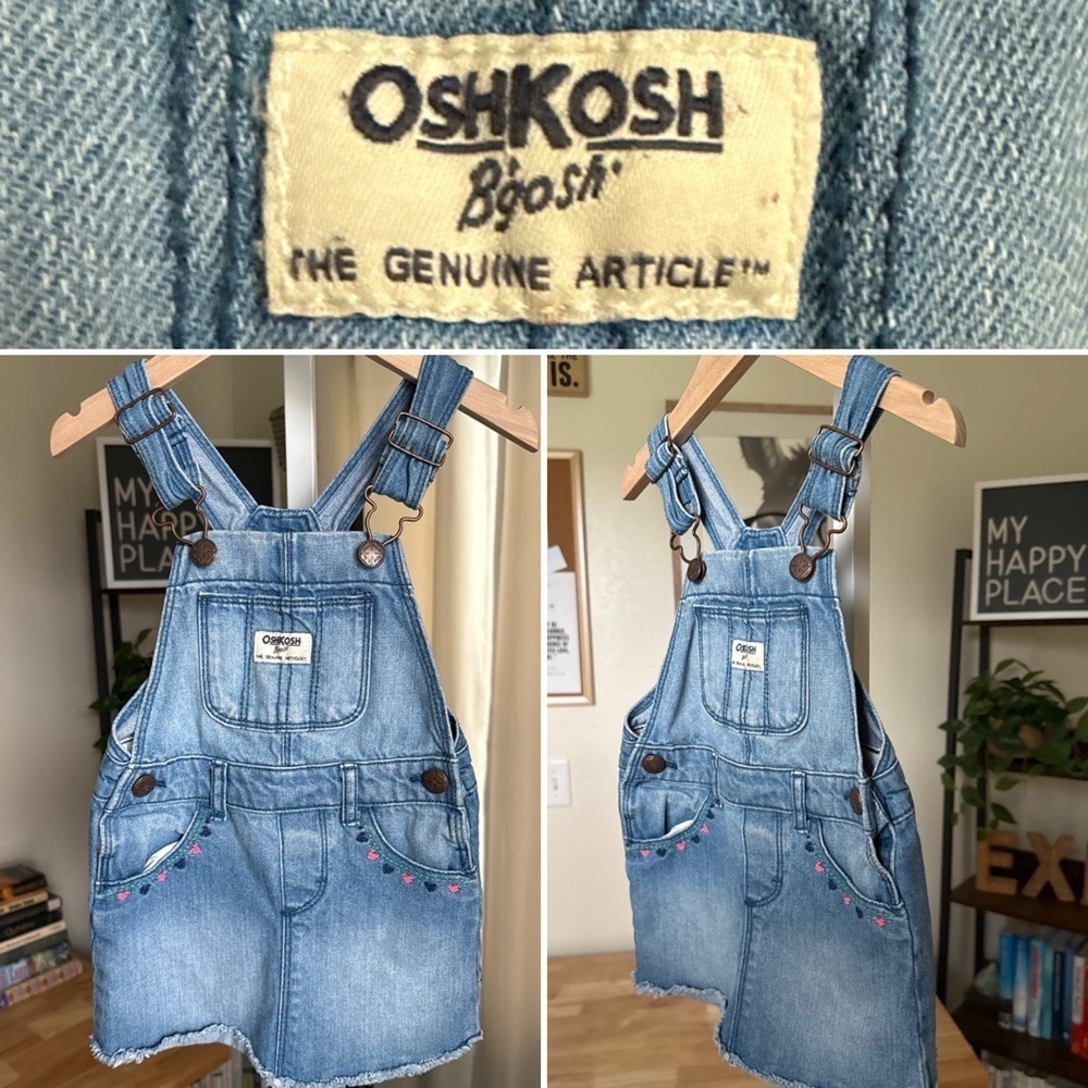 Girls OshKosh Denim Bib Overall Skirt Size 2T Embroidered Dress